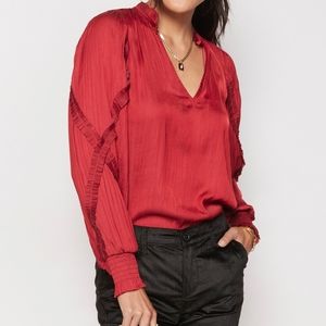 Evereve Jett Ruffle Satin Blouse Size Large NWOT